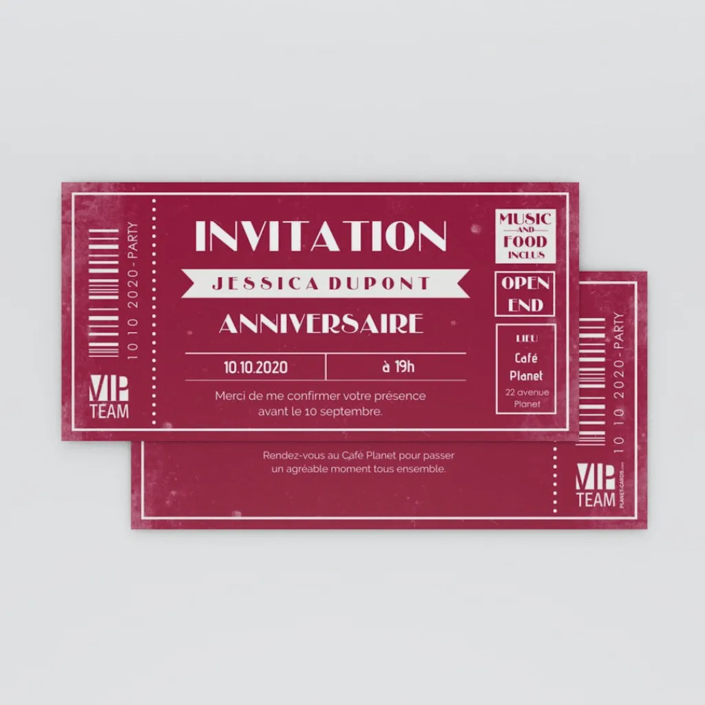 Carte Invitation Anniversaire Adulte Vintage^Planet cards Billet VIP