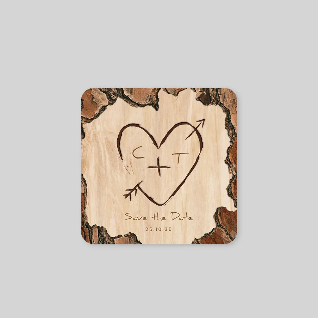 Save The Date^Planet cards Coeur gravé sur Bois