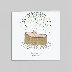 Créations En Collaboration | Faire-part Naissance Fille^Planet cards Couffin et Petites Feuilles