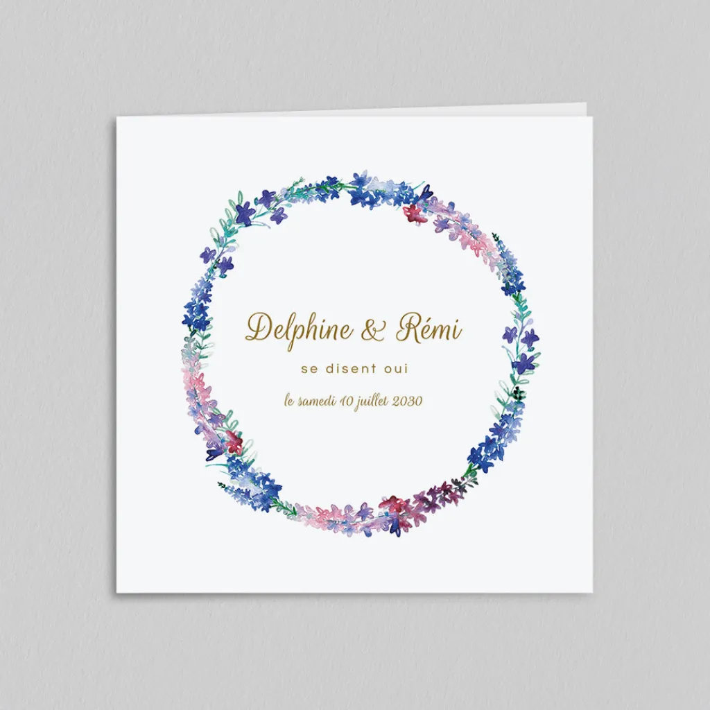 Faire-part Mariage Champêtre^Planet cards Couronne Delphinium