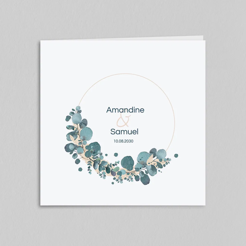 Faire-part Mariage Champêtre | Gamme Complète^Planet cards Couronne eucalyptus et fleurs séchées