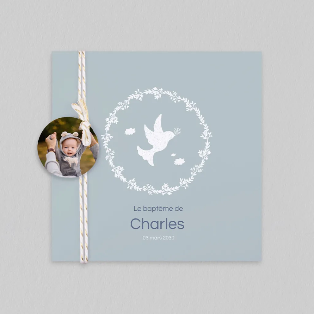 Faire-part Baptême Original | Faire-part Baptême Champêtre^Planet cards Couronne Végétale et Colombes Garçon