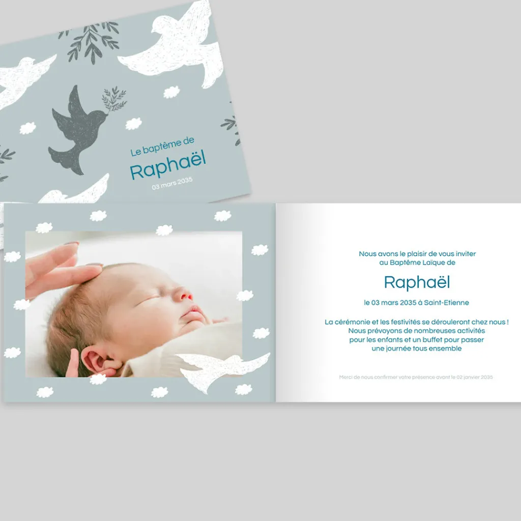 Faire-part Baptême Original | Faire-part Baptême Champêtre^Planet cards Couronne Végétale et Colombes Garçon