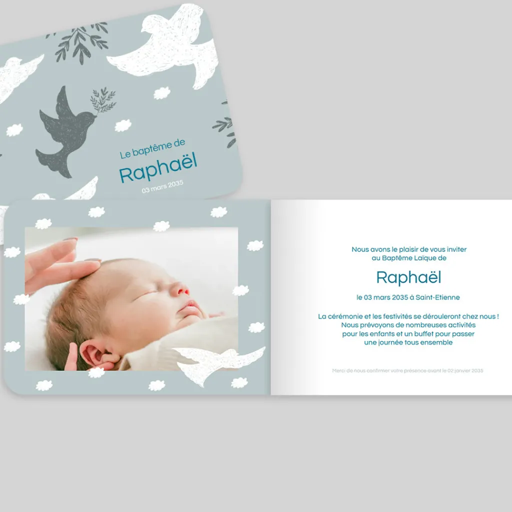 Faire-part Baptême Original | Faire-part Baptême Champêtre^Planet cards Couronne Végétale et Colombes Garçon