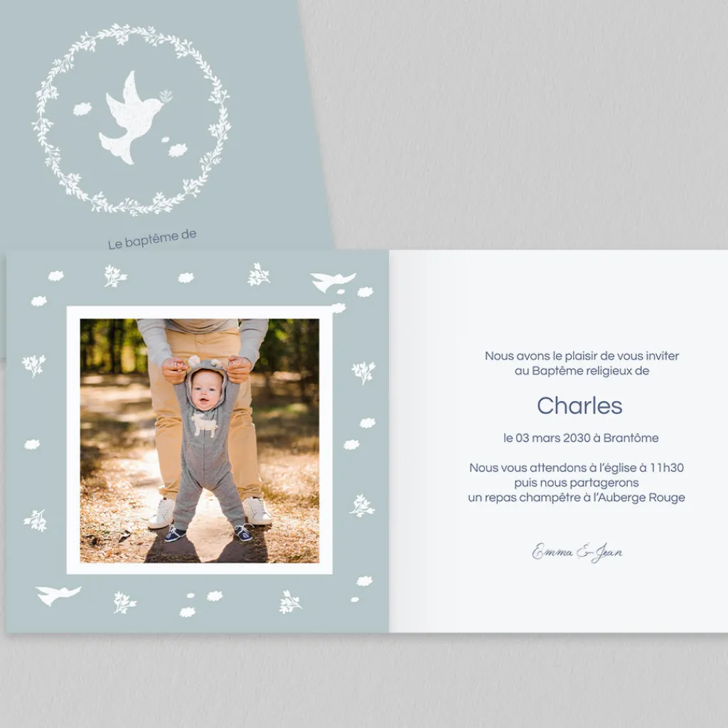 Faire-part Baptême Original | Faire-part Baptême Champêtre^Planet cards Couronne Végétale et Colombes Garçon