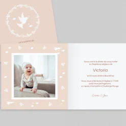 Faire-part Baptême Champêtre | Faire-part Baptême Fille^Planet cards Couronne Végétale et Colombes Fille