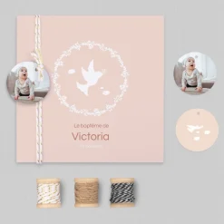Faire-part Baptême Champêtre | Faire-part Baptême Fille^Planet cards Couronne Végétale et Colombes Fille