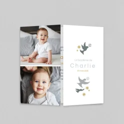 Faire-part Baptême Original | Faire-part Baptême Champêtre^Planet cards Couronne Végétale et Colombes Garçon