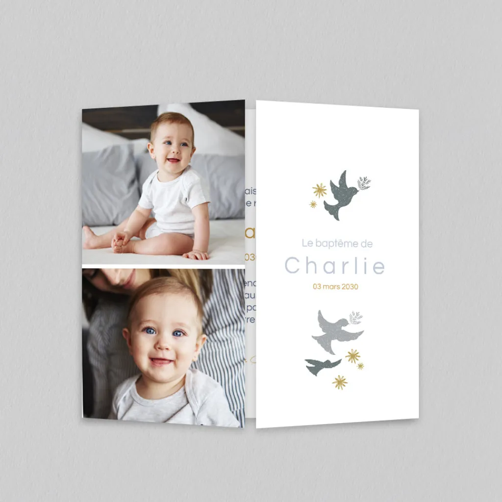 Faire-part Baptême Original | Faire-part Baptême Champêtre^Planet cards Couronne Végétale et Colombes Garçon