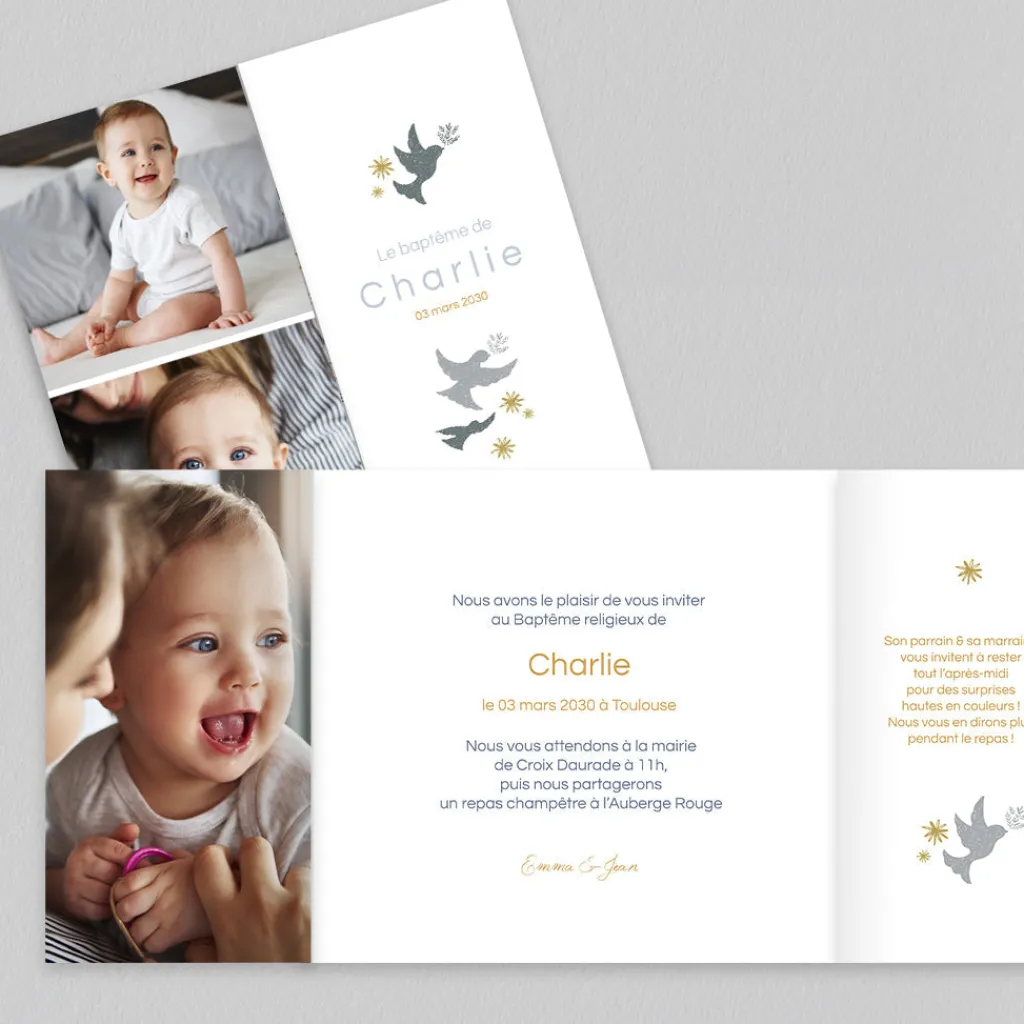 Faire-part Baptême Original | Faire-part Baptême Champêtre^Planet cards Couronne Végétale et Colombes Garçon