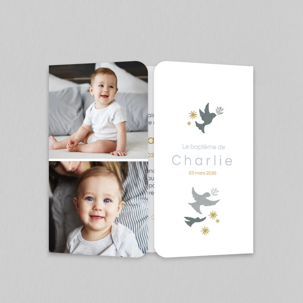 Faire-part Baptême Original | Faire-part Baptême Champêtre^Planet cards Couronne Végétale et Colombes Garçon