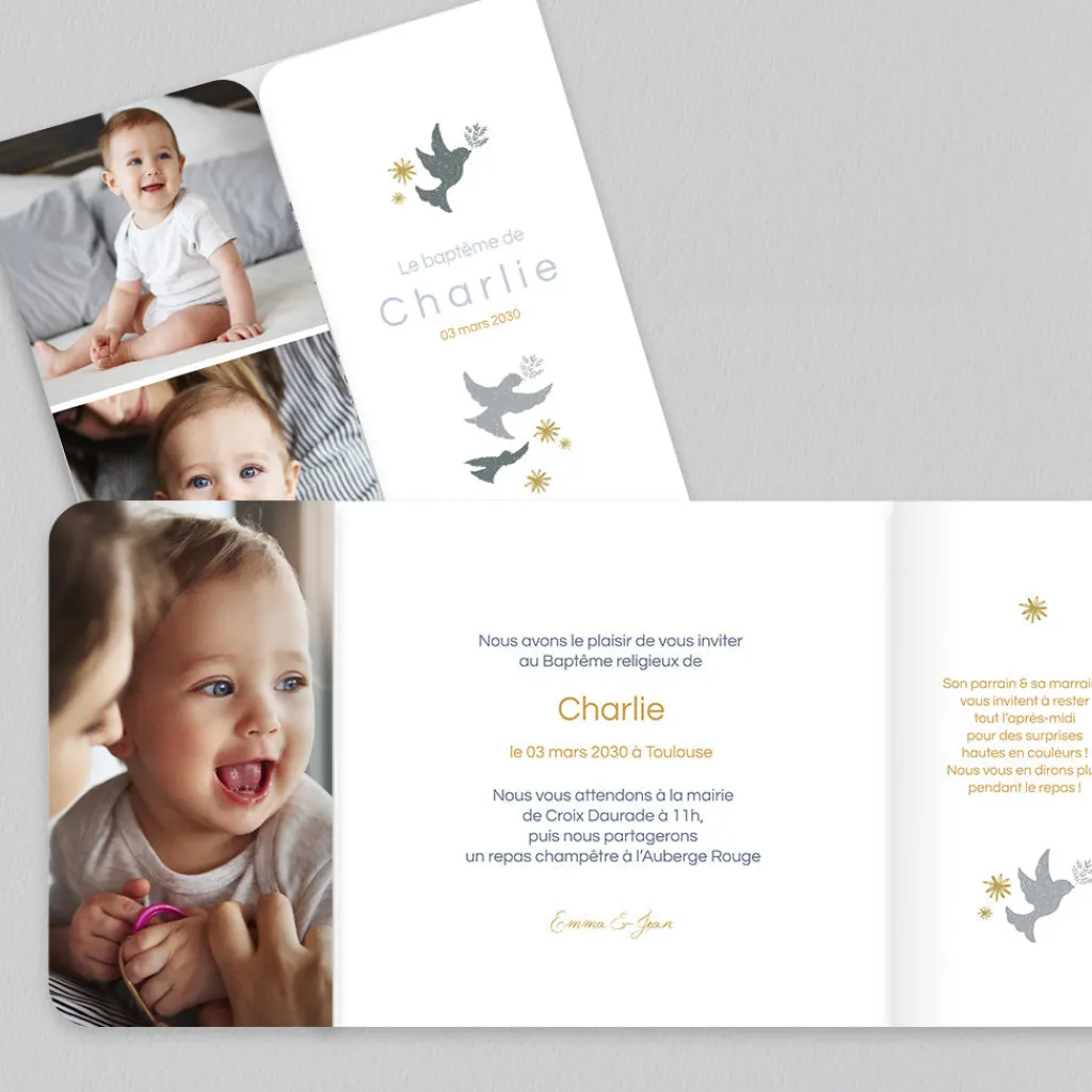 Faire-part Baptême Original | Faire-part Baptême Champêtre^Planet cards Couronne Végétale et Colombes Garçon