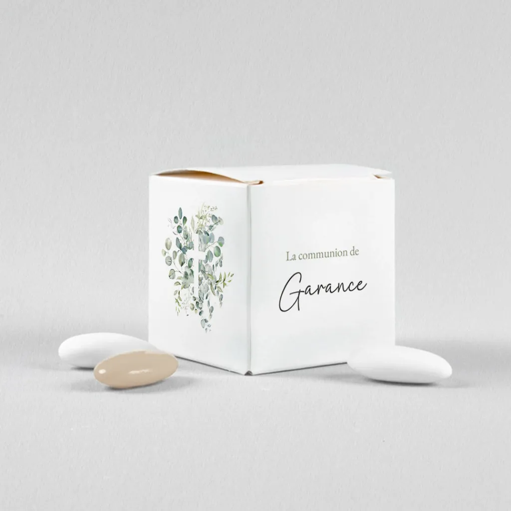 Boite À Dragées Communion^Planet cards Croix Bouquet d'Eucalyptus