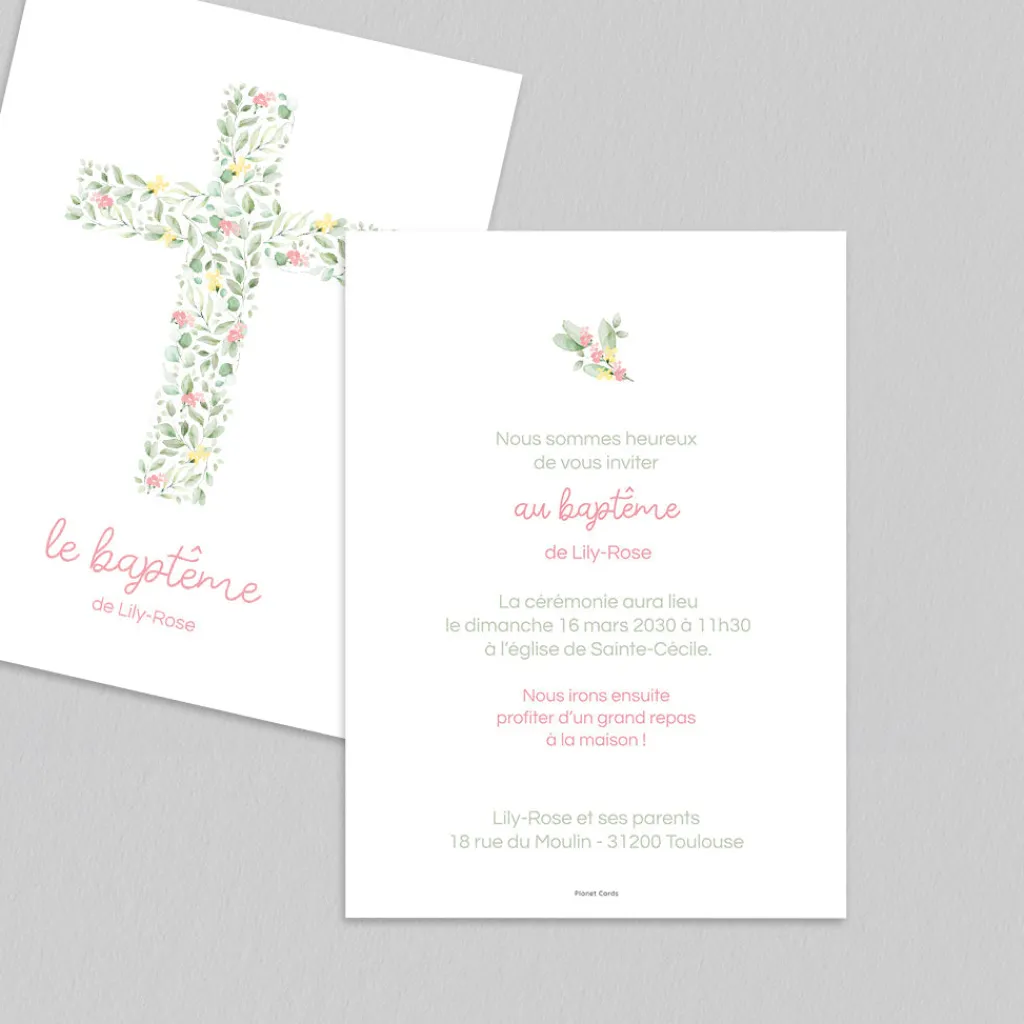 Faire-part Baptême Champêtre | Faire-part Baptême Fille^Planet cards Croix Champêtre