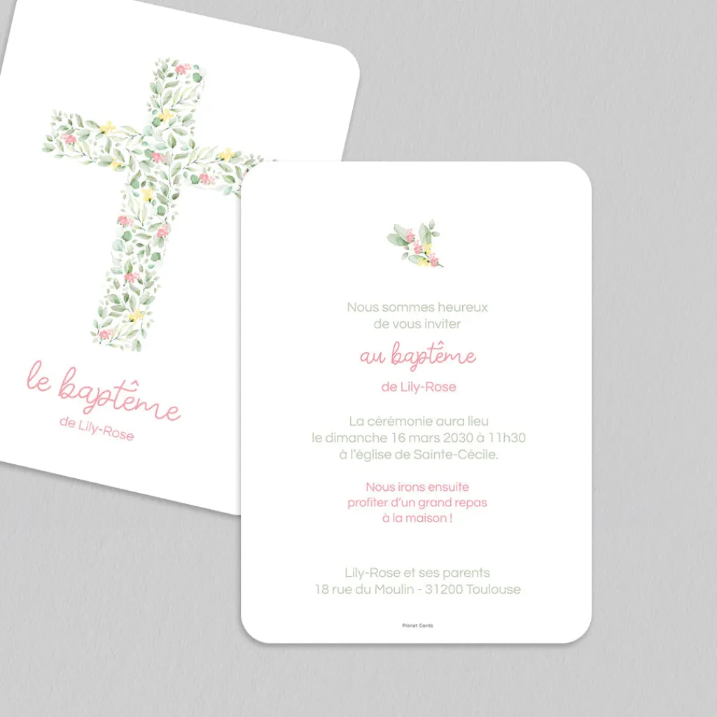 Faire-part Baptême Champêtre | Faire-part Baptême Fille^Planet cards Croix Champêtre