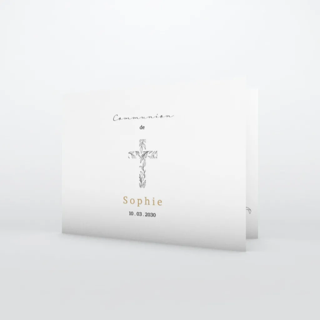 Faire-part Communion^Planet cards Croix en feuilles