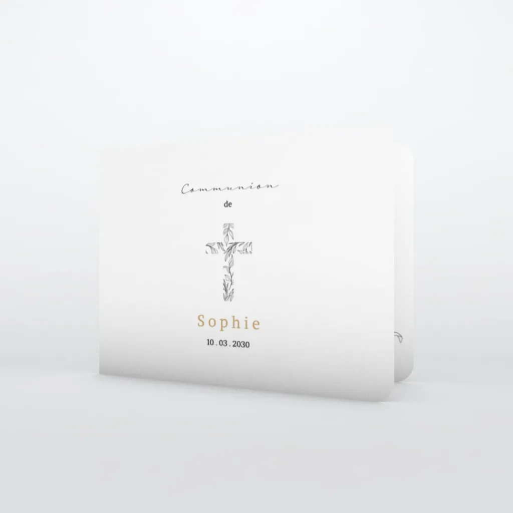 Faire-part Communion^Planet cards Croix en feuilles