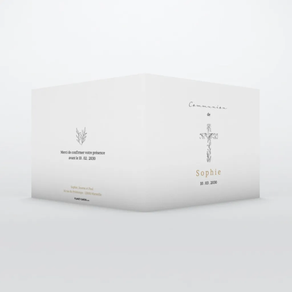 Faire-part Communion^Planet cards Croix en feuilles