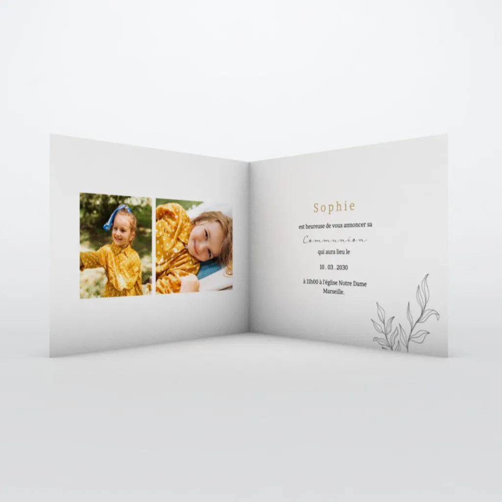 Faire-part Communion^Planet cards Croix en feuilles