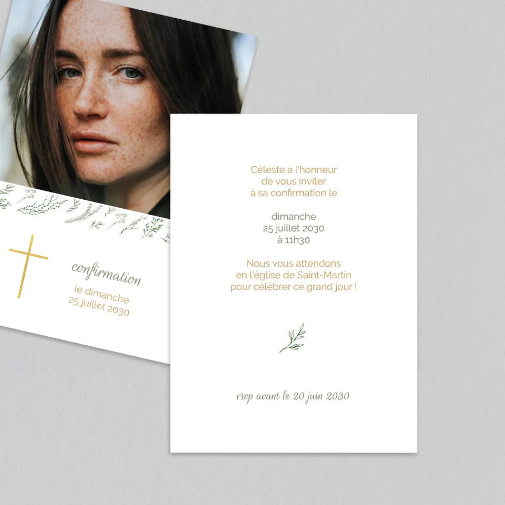 Faire-part Confirmation^Planet cards Croix et Verdure