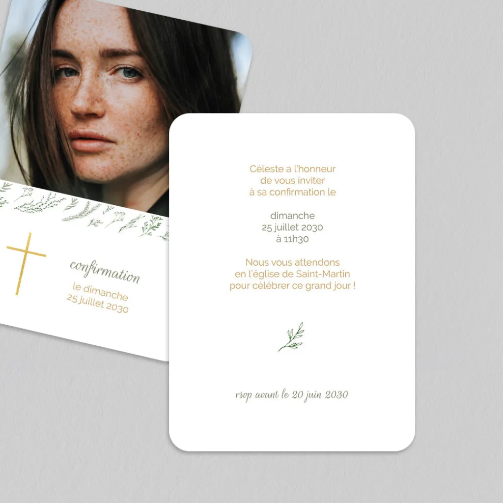 Faire-part Confirmation^Planet cards Croix et Verdure