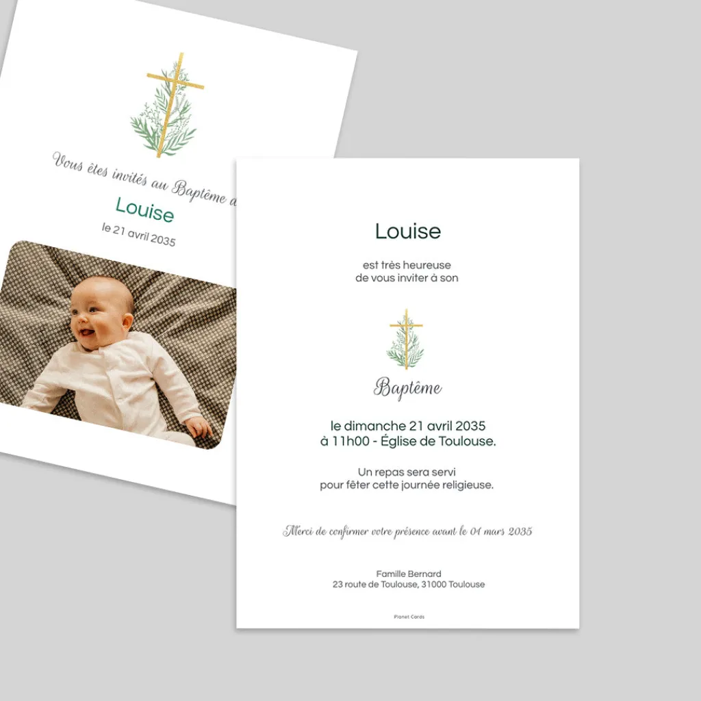 Faire-part Baptême Champêtre | Gamme Complète^Planet cards Croix et Végétal