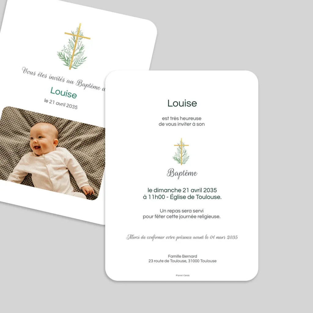 Faire-part Baptême Champêtre | Gamme Complète^Planet cards Croix et Végétal
