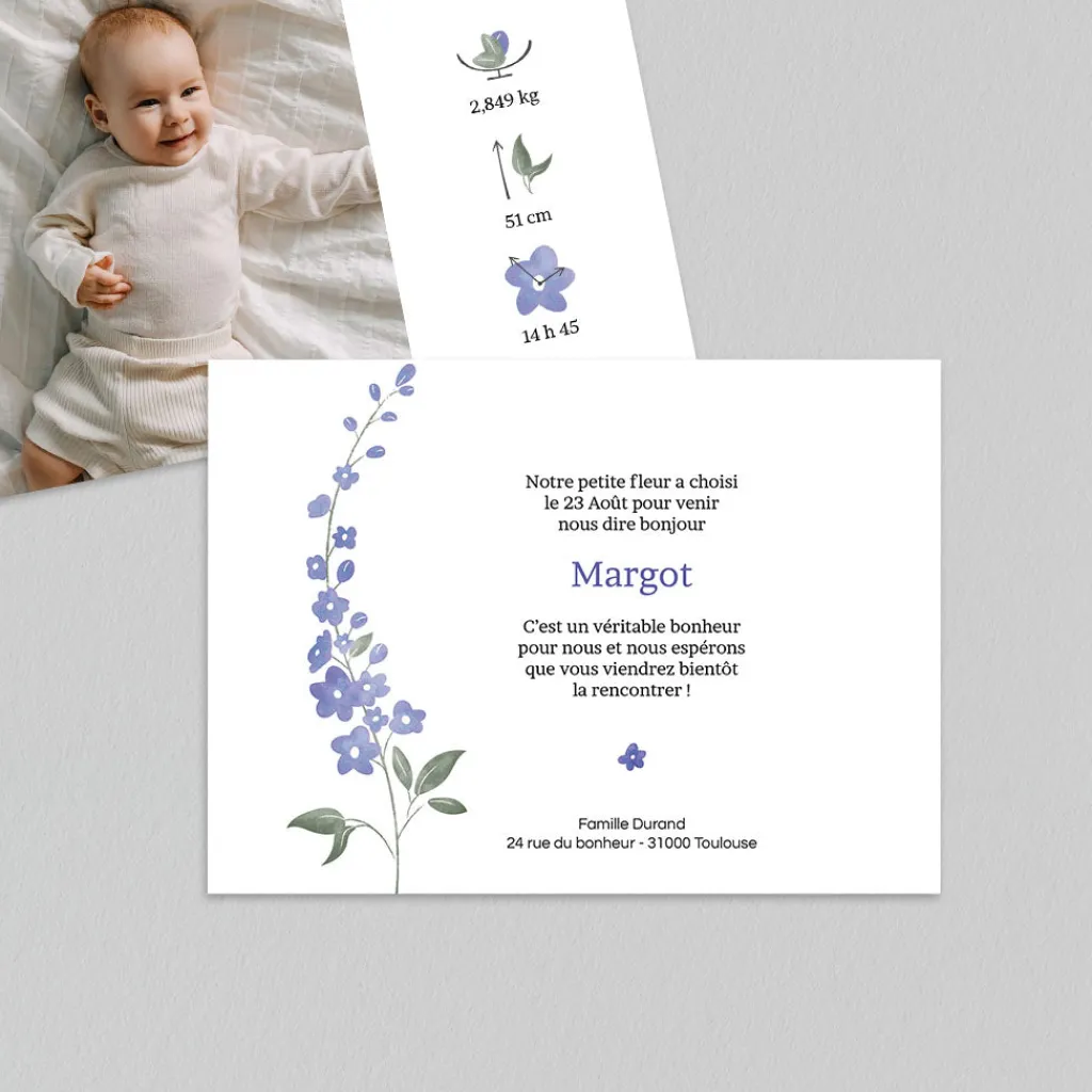 Faire-part Naissance Fille^Planet cards Delphimium Délicat