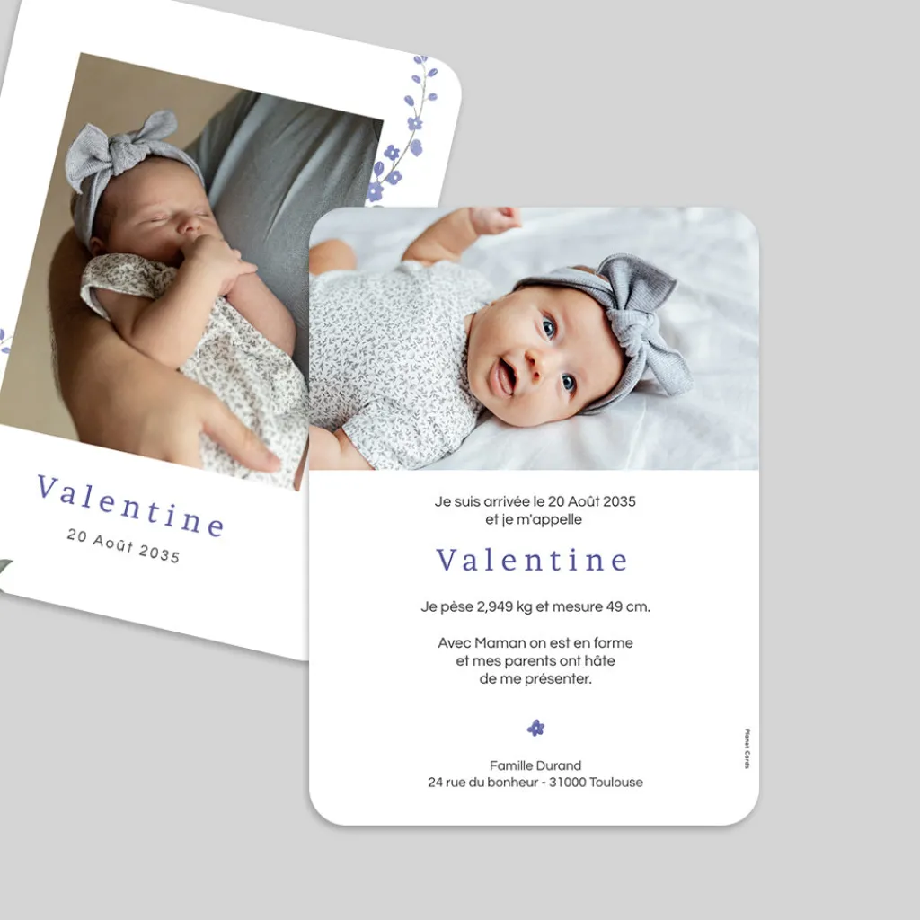 Faire-part Naissance Fille^Planet cards Delphimium Délicat