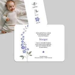 Faire-part Naissance Fille^Planet cards Delphimium Et Pictos