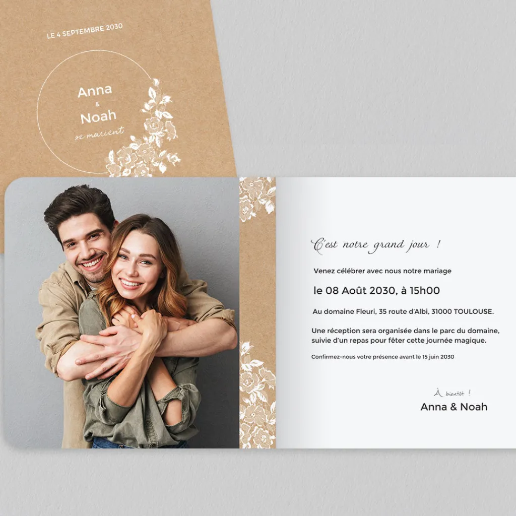 Faire-part Mariage Champêtre^Planet cards Dentelle et roses blanches