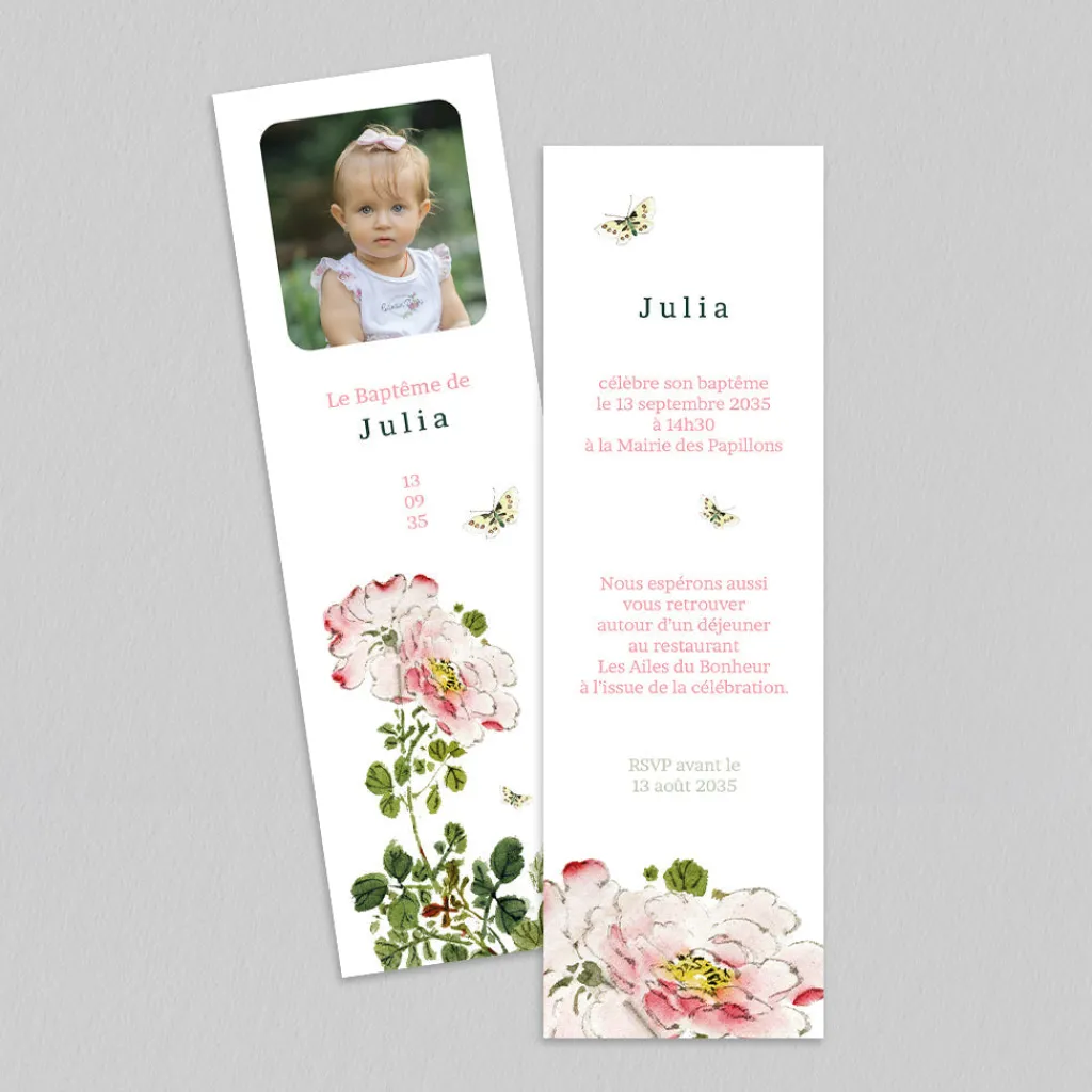 Faire-part Baptême Civil | Faire-part Baptême Original^Planet cards Estampe Papillons et Pivoine