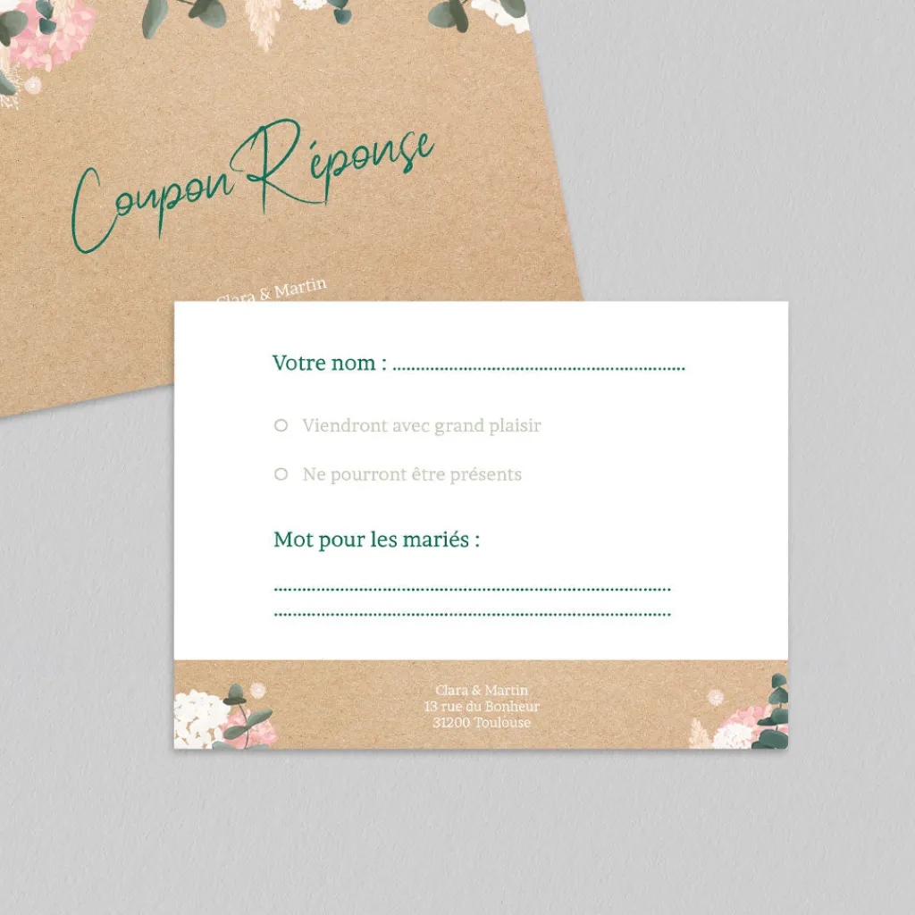Coupon-réponse Mariage^Planet cards Eucalyptus et Hortensia