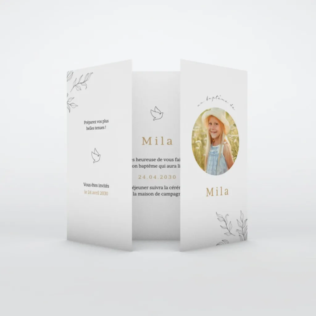 Faire-part Baptême Civil^Planet cards Feuillage Délicat