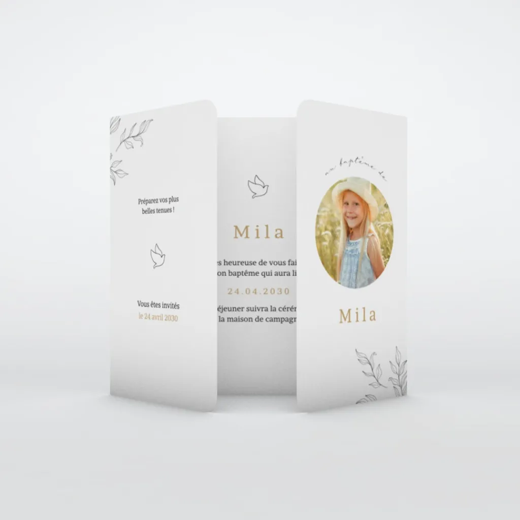 Faire-part Baptême Civil^Planet cards Feuillage Délicat