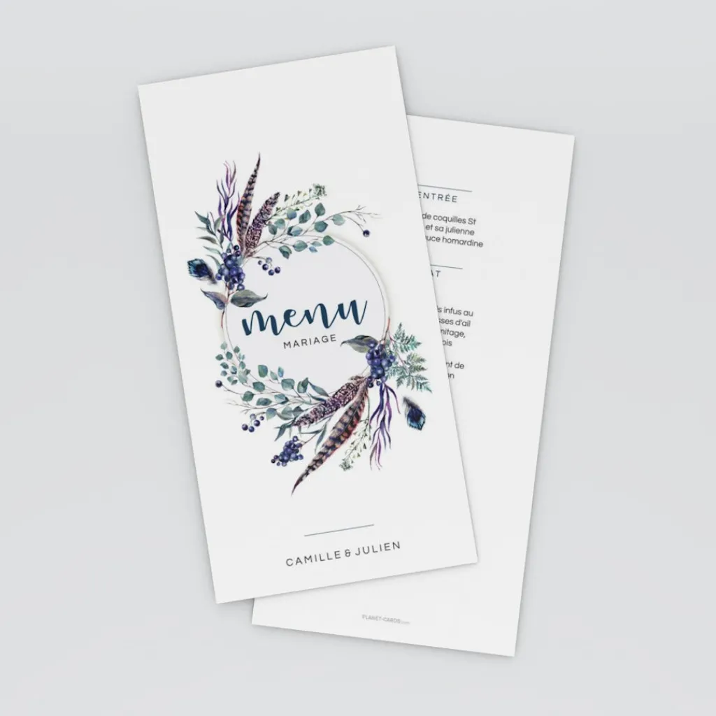 Menu De Mariage^Planet cards Feuilles et plumes en couronne