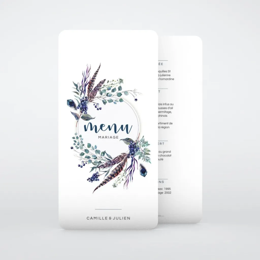 Menu De Mariage^Planet cards Feuilles et plumes en couronne