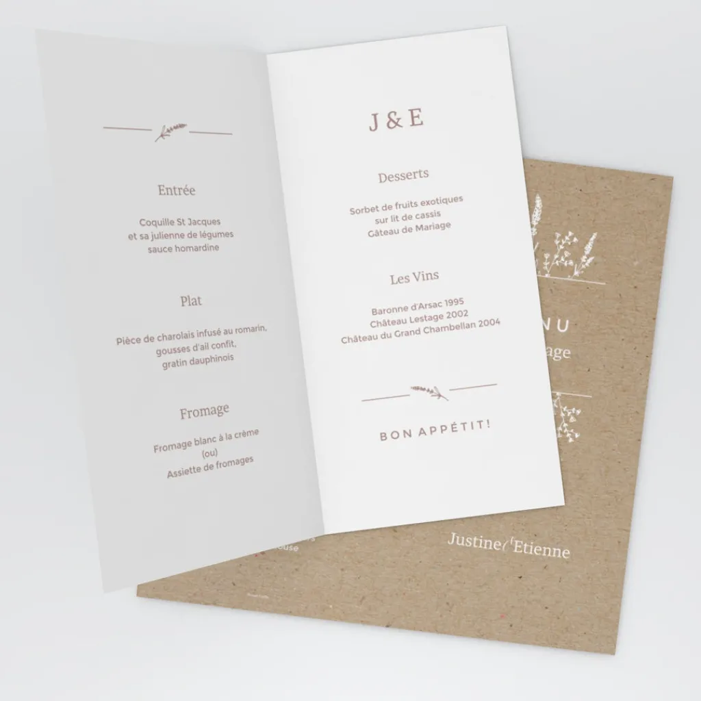 Menu De Mariage^Planet cards Feuilles sur Kraft