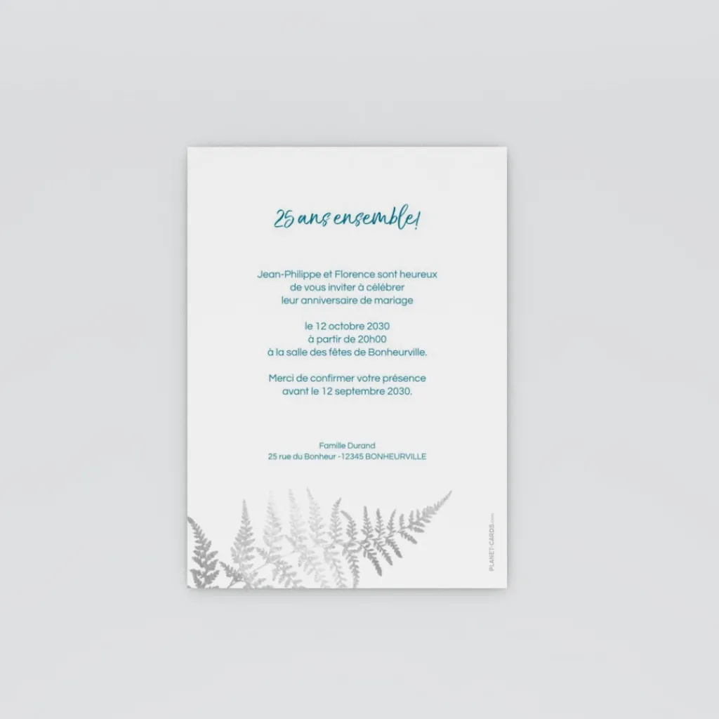 Carte Invitation Noces D'argent | Carte Invitation Noces D'argent^Planet cards Fougère Argentée