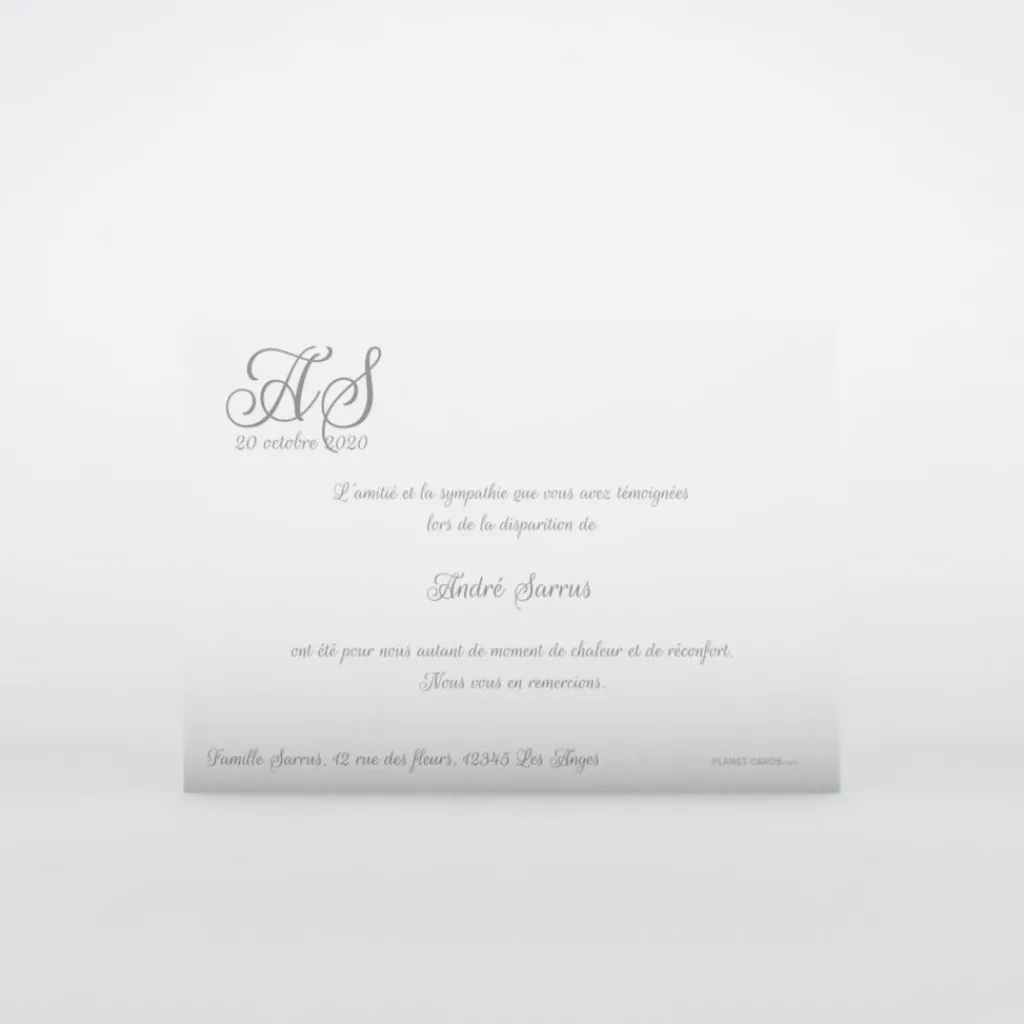 Carte Remerciement Décès^Planet cards Initiales