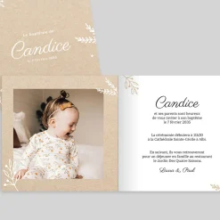 Faire-part Baptême Fille^Planet cards Kraft et feuillage blanc