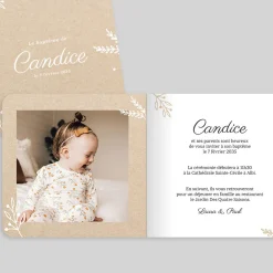Faire-part Baptême Fille^Planet cards Kraft et feuillage blanc