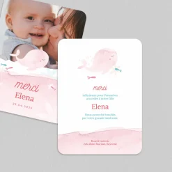 Carte Remerciement Naissance Fille^Planet cards Ma petite baleine Rose