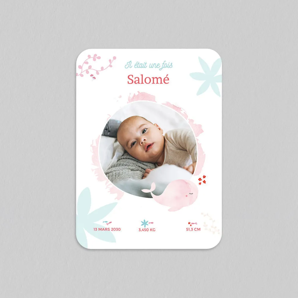 Faire-part Naissance Animaux^Planet cards Mon Doudou Baleine Rose