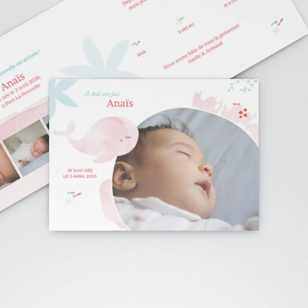 Faire-part Naissance Animaux^Planet cards Mon Doudou Baleine Rose