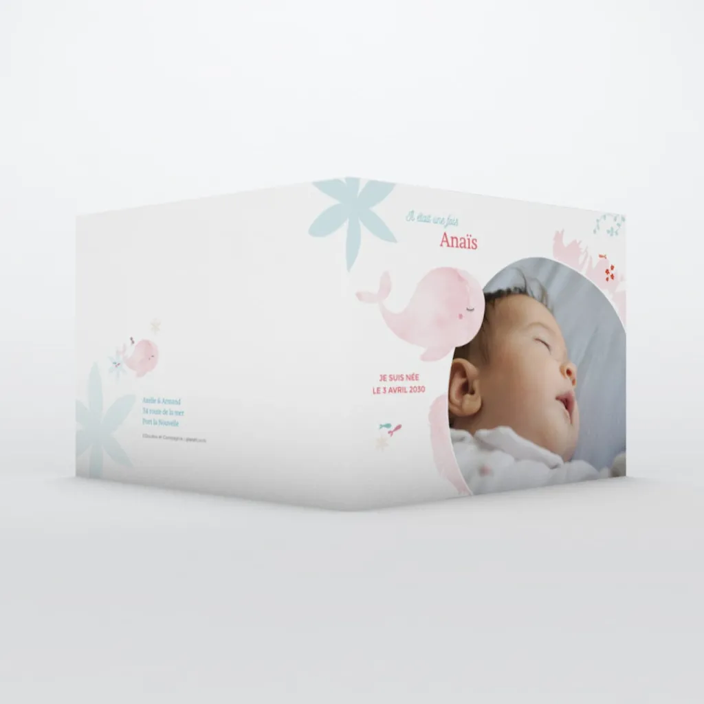 Faire-part Naissance Animaux^Planet cards Mon Doudou Baleine Rose