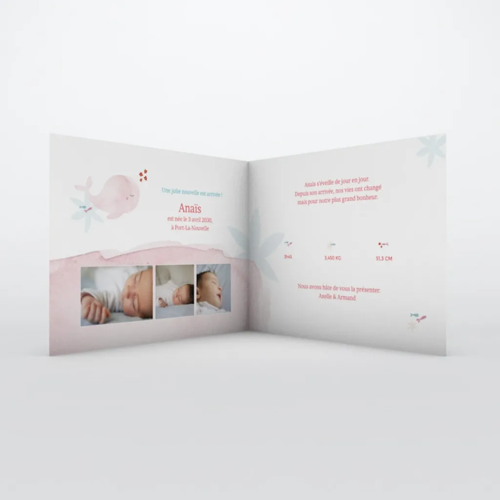 Faire-part Naissance Animaux^Planet cards Mon Doudou Baleine Rose