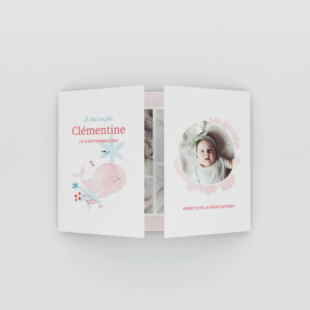 Faire-part Naissance Animaux^Planet cards Mon Doudou Baleine Rose