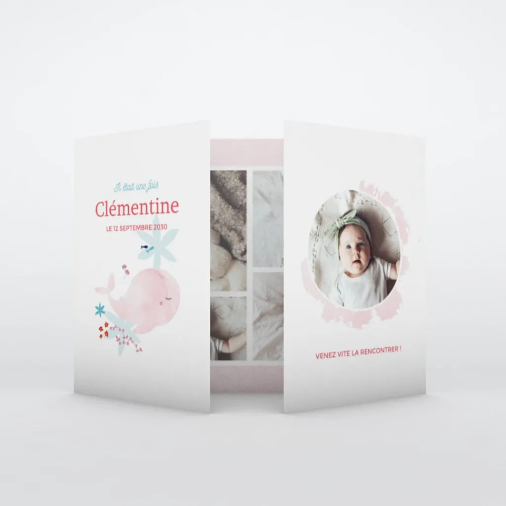 Faire-part Naissance Animaux^Planet cards Mon Doudou Baleine Rose