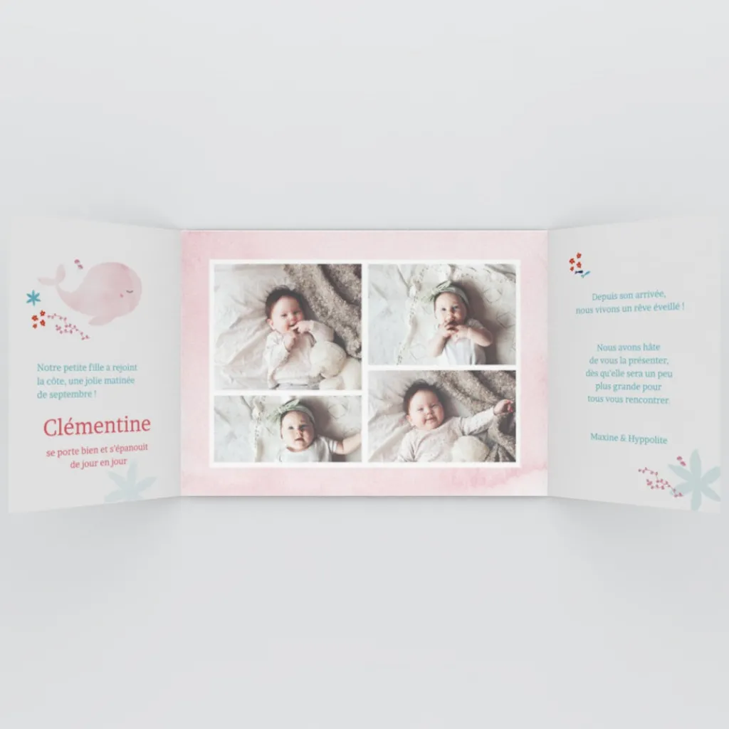 Faire-part Naissance Animaux^Planet cards Mon Doudou Baleine Rose